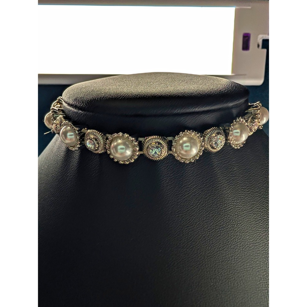 Vintage Faux Pearl and Rhinestone Stretch Bracelet Silver Tone Bridal Prom